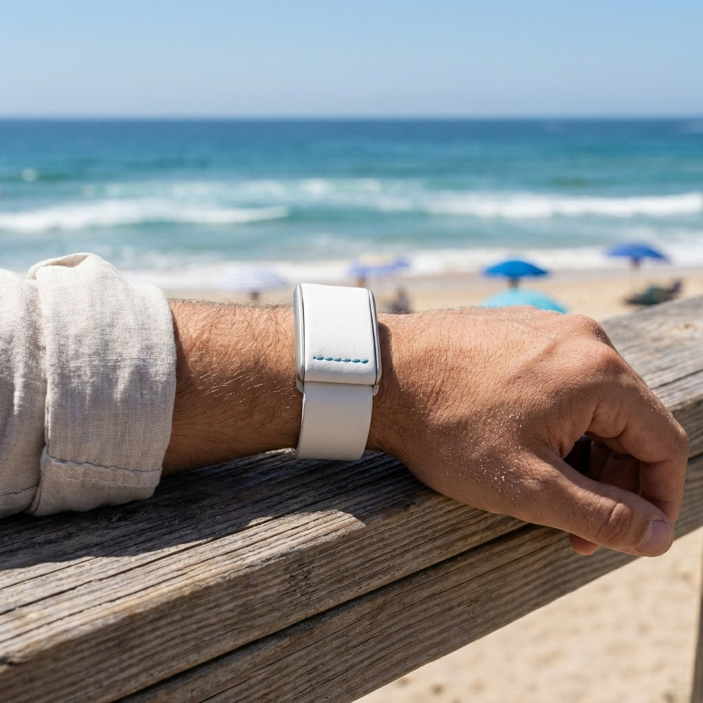 Ecoband 5.0 White Turquoise WHOOP strap detail – handmade Italian leather, premium sustainable fitness band