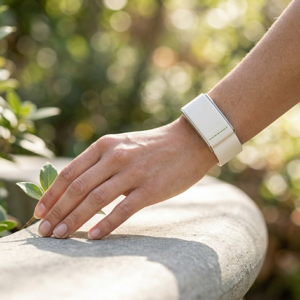 Hand wearing a white smartwatch with a blurred natural background